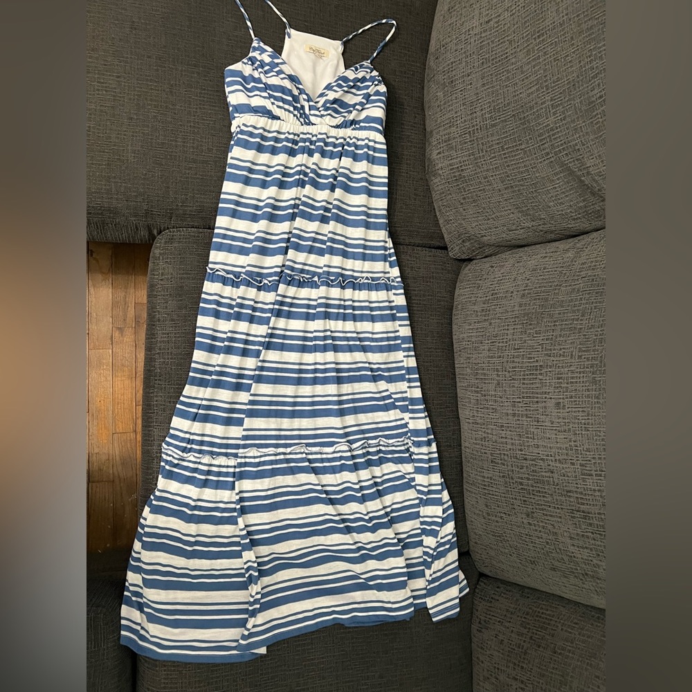 Large Spaghetti Strap Blue & White Striped Long Length Dress